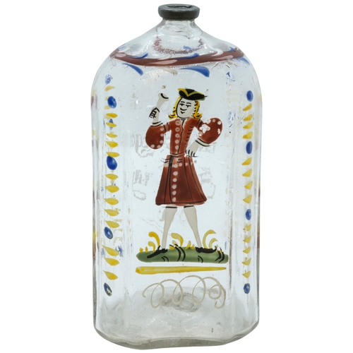 1215 - A EUROPEAN ENAMELED SPIRIT FLASK18TH CENTURYPainted with a male figure, and inscription, 14cms high2... 