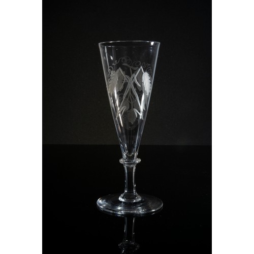 1222 - THREE GLASSESMID 18TH CENTURY Comprising two wine glasses with folded feet and a beer glass with hop... 