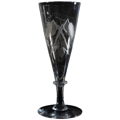 1222 - THREE GLASSESMID 18TH CENTURY Comprising two wine glasses with folded feet and a beer glass with hop... 