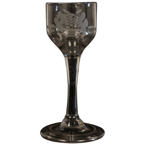 1222 - THREE GLASSESMID 18TH CENTURY Comprising two wine glasses with folded feet and a beer glass with hop... 