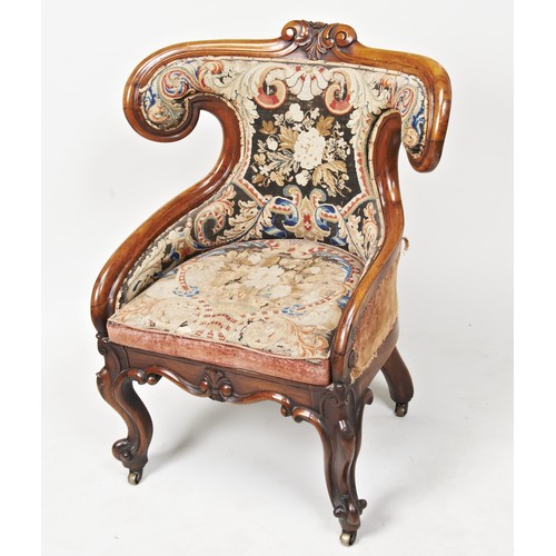 1550 - A VICTORIAN MAHOGANY AND NEEDLEPOINT LOW CHAIR CIRCA 1860 AND ANOTHER UPHOLSTERED VICTORIAN BUTTON B... 