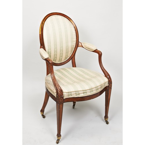 1557 - A SHERATON STYLE SATINWOOD AND BANDED OPEN ARMCHAIR 19TH CENTURY covered in green striped fabric 102... 