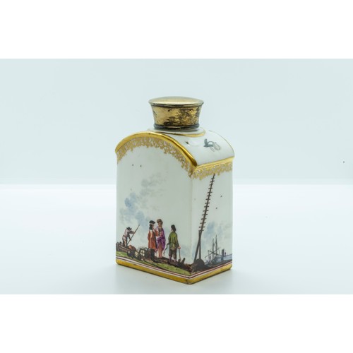 906 - A MEISSEN TEA CADDYCIRCA 1740Painted harbour scenes and 'No' to base, later gilt metal cover, 12cms ... 