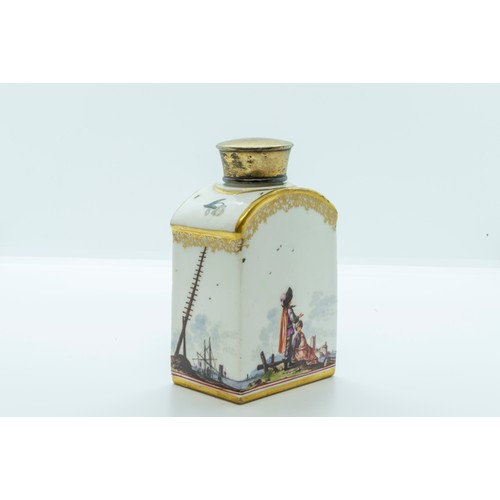 906 - A MEISSEN TEA CADDYCIRCA 1740Painted harbour scenes and 'No' to base, later gilt metal cover, 12cms ... 