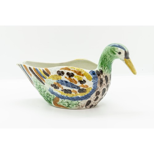 934 - TWO PRATTWARE SAUCE BOATS OF DUCK FORM