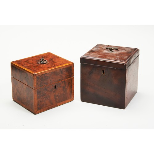 1851 - TWO GEORGE III MAHOGANY TEA CADDIES18TH CENTURYof square form13cm wide, 12cm & 14cm high... 