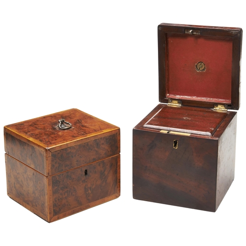 1851 - TWO GEORGE III MAHOGANY TEA CADDIES18TH CENTURYof square form13cm wide, 12cm & 14cm high... 