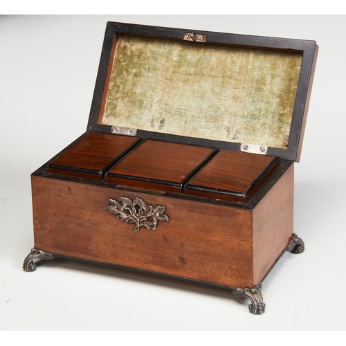 1877 - A FINE GEORGE III MAHOGANY AND SILVERED-METAL MOUNTED TEA CADDYCIRCA 1760the interior fitted with th... 