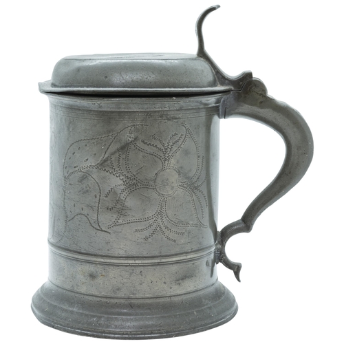 1961 - A ENGLISH WRIGGLEWORK FLAT-LID PEWTER TANKARD17TH CENTURY20cm high