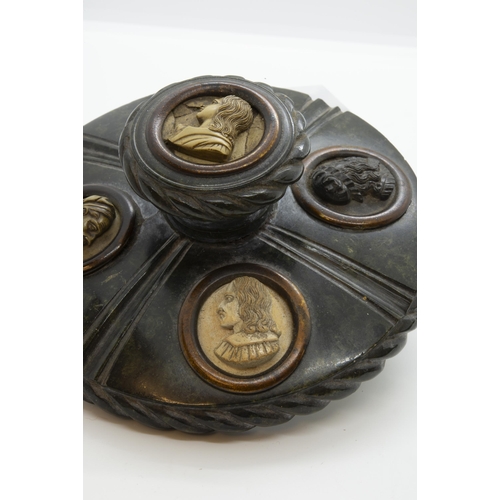 1729 - AN ITALIAN 'GRAND-TOUR' SERPENTINE MARBLE AND LAVA-INAGLIO INKWELL19TH CENTURYthe interior inset wit... 