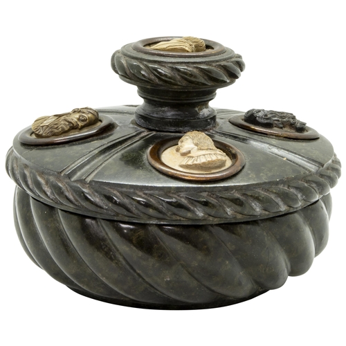 1729 - AN ITALIAN 'GRAND-TOUR' SERPENTINE MARBLE AND LAVA-INAGLIO INKWELL19TH CENTURYthe interior inset wit... 