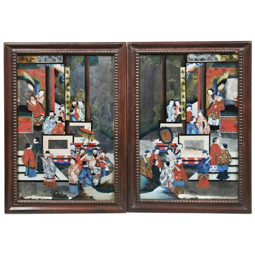 2159 - A PAIR OF CHINESE EXPORT REVERSE PAINTED MIRROR PICTURESLATE QING DYNASTYin original hardwood frames... 