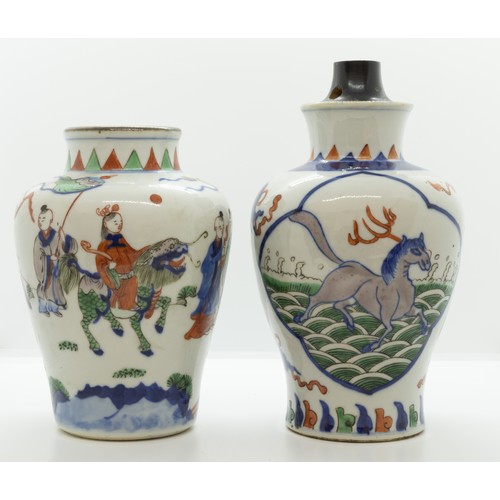 2046 - TWO CHINESE WUCAI TRANSITIONAL STYLE VASES19TH / 20TH CENTURY18cm & 20cm high