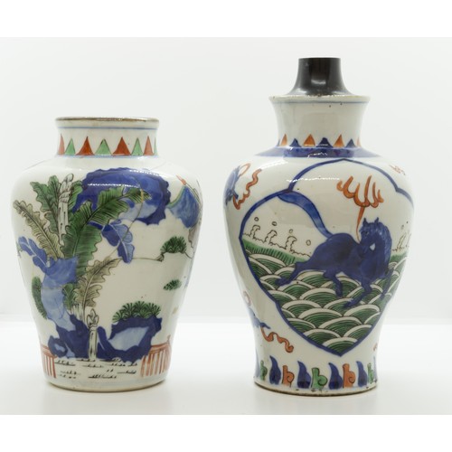 2046 - TWO CHINESE WUCAI TRANSITIONAL STYLE VASES19TH / 20TH CENTURY18cm & 20cm high