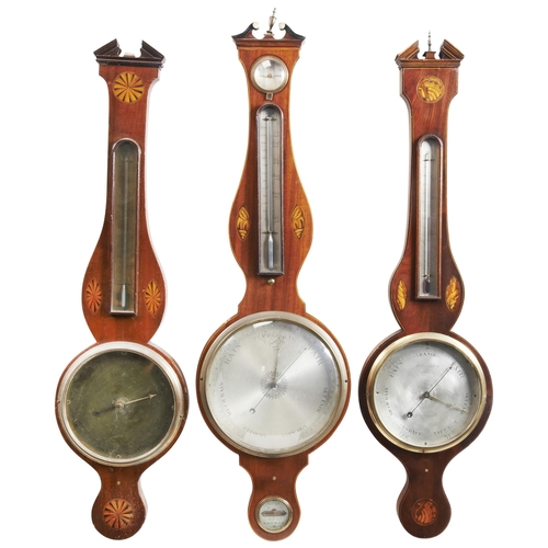 1442 - A GROUP OF FIVE MAHOGANY AND INLAID WHEEL BAROMETERS19TH CENTURYvarious makers98cm - 100cm approx.... 