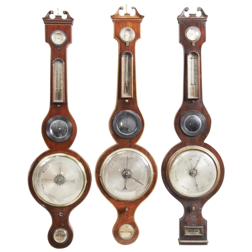 1444 - A GROUP OF THREE MAHOGANY WHEEL BAROMETERS19TH CENTURYthe dials signed, Courti, Exeter; J. Gilardi, ... 