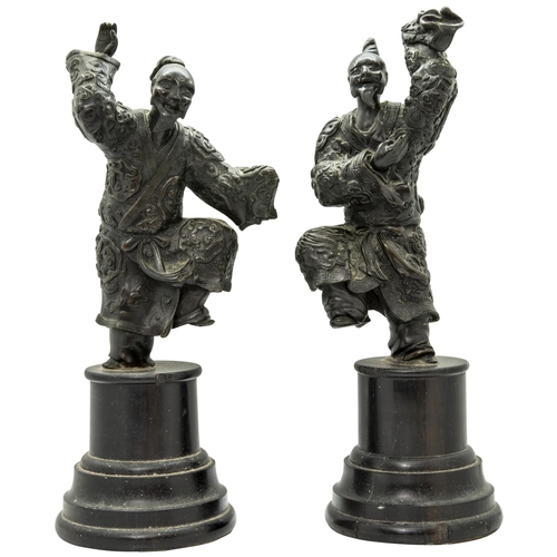 2217 - A PAIR OF JAPANESE BRONZE FIGURES OF NOH ACTORS LATE MEIJI PERIODraised on associated hardwood pedes... 