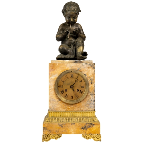 103 - A FRENCH SIENNA MARBLE AND GILT BRONZE MANTEL CLOCK. Silk suspension movement signed Deniere Paris i... 