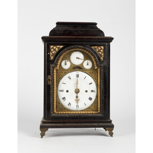 106 - AN EBONISED CONTINENTIAL 1/4 STRIKING BRACKET CLOCK. The arch with 3 enamel subsidiaries, verge esca... 