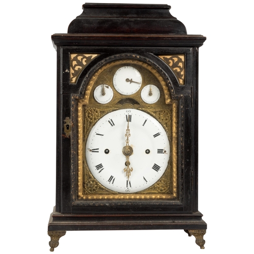 106 - AN EBONISED CONTINENTIAL 1/4 STRIKING BRACKET CLOCK. The arch with 3 enamel subsidiaries, verge esca... 