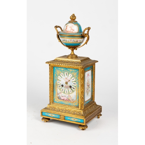 108 - A FRENCH PORCELAIN AND ORMOLU MANTEL CLOCK, striking movement, by Japy Freres in a rectangular case,... 