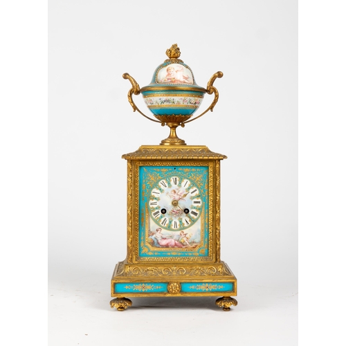 108 - A FRENCH PORCELAIN AND ORMOLU MANTEL CLOCK, striking movement, by Japy Freres in a rectangular case,... 