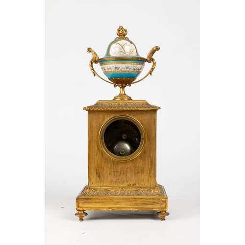 108 - A FRENCH PORCELAIN AND ORMOLU MANTEL CLOCK, striking movement, by Japy Freres in a rectangular case,... 