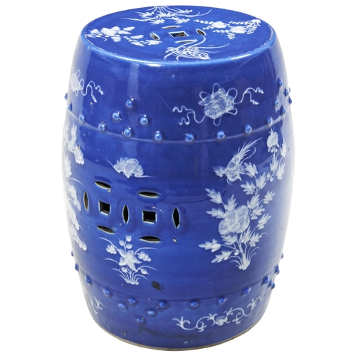 2055 - A CHINESE BLUE-GROUND WHITE-SLIP DECORATED GARDEN SEATLATE QING / REPUBLIC PERIOD47cm high... 