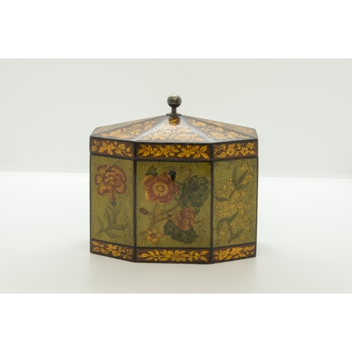 1907 - A GEORGE III POLYCHROME PAINTED AND PARCEL GILT TEA CADDYCIRCA 1790of hexagonal form14cm high... 