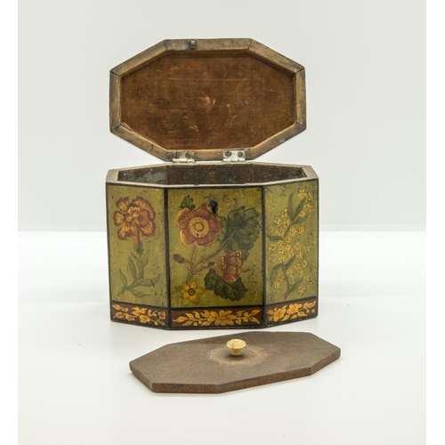 1907 - A GEORGE III POLYCHROME PAINTED AND PARCEL GILT TEA CADDYCIRCA 1790of hexagonal form14cm high... 