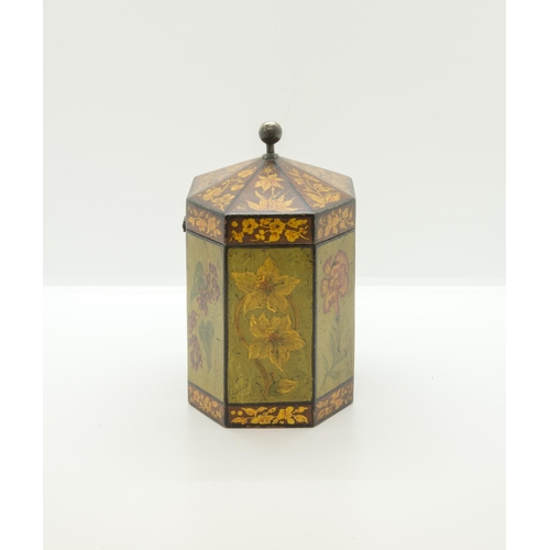 1907 - A GEORGE III POLYCHROME PAINTED AND PARCEL GILT TEA CADDYCIRCA 1790of hexagonal form14cm high... 