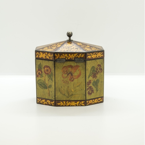 1907 - A GEORGE III POLYCHROME PAINTED AND PARCEL GILT TEA CADDYCIRCA 1790of hexagonal form14cm high... 