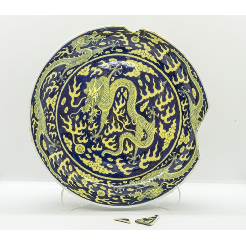 2062 - A CHINESE YELLOW-ENEAMEL BLUE GROUND 'DRAGON' DISHGUANGXU SIX CHARACTER MARK AND OF THE PERIOD25cm d... 