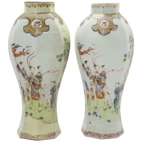 2063 - A PAIR OF CHINESE EXPORT FAMILLE ROSE WALL VASESQIANLONG PERIOD (1796-1795)of facetted baluster form... 