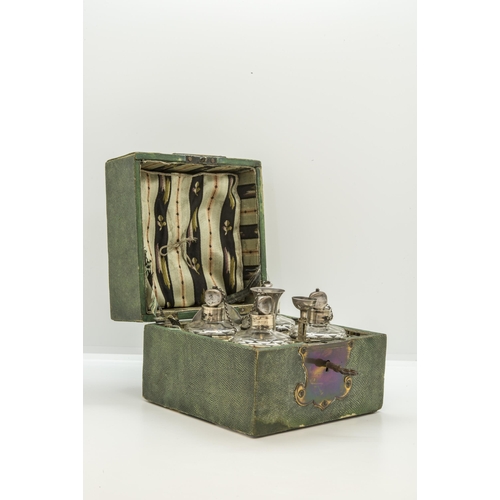 1908 - A FRENCH SHAGREEN AND SILVER BRANDY BOXLATE 18TH / EARLY 19TH CENTURYwith a silk lined fitted interi... 