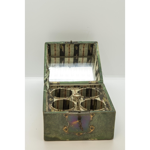 1908 - A FRENCH SHAGREEN AND SILVER BRANDY BOXLATE 18TH / EARLY 19TH CENTURYwith a silk lined fitted interi... 