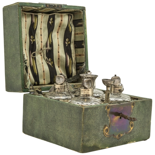 1908 - A FRENCH SHAGREEN AND SILVER BRANDY BOXLATE 18TH / EARLY 19TH CENTURYwith a silk lined fitted interi... 