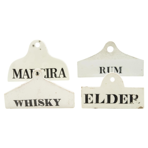 992 - FOUR CERAMIC BIN LABELSLATE 18th/19th Century, 'ELDER' , 'RUM' , 'MADEIRA' and 'WHISKY' one marked W... 