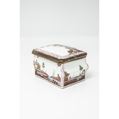 997 - AN ENAMEL SNUFF BOXMid 18th century, painted with landscapes, 8cms