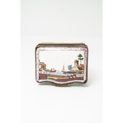 997 - AN ENAMEL SNUFF BOXMid 18th century, painted with landscapes, 8cms