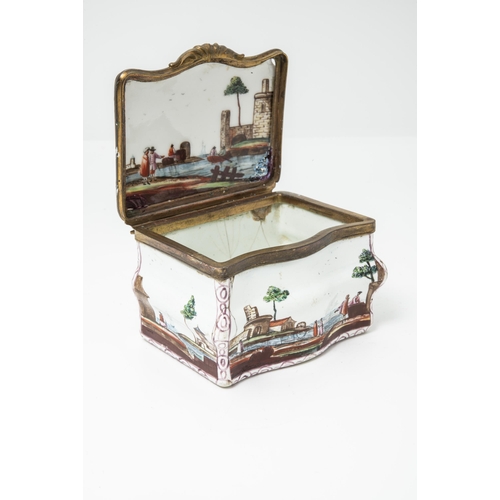 997 - AN ENAMEL SNUFF BOXMid 18th century, painted with landscapes, 8cms