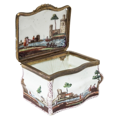 997 - AN ENAMEL SNUFF BOXMid 18th century, painted with landscapes, 8cms