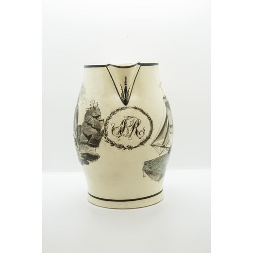 1002 - A CREAMWARE EWERCirca 1810, printed Hope on an anchor and a ship, monogram beneath spout, 24cms high... 