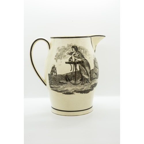 1002 - A CREAMWARE EWERCirca 1810, printed Hope on an anchor and a ship, monogram beneath spout, 24cms high... 