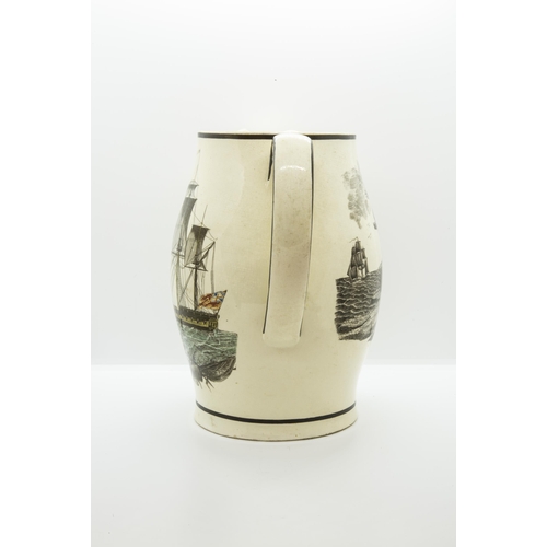 1002 - A CREAMWARE EWERCirca 1810, printed Hope on an anchor and a ship, monogram beneath spout, 24cms high... 