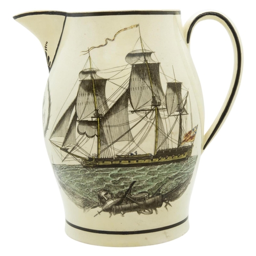 1002 - A CREAMWARE EWERCirca 1810, printed Hope on an anchor and a ship, monogram beneath spout, 24cms high... 