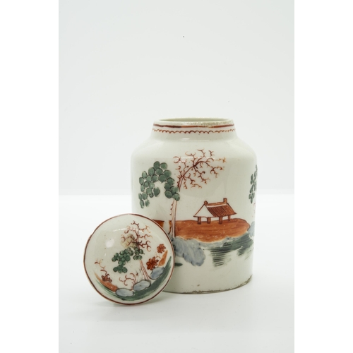 1004 - AN 18TH CENTURY TEA CADDYPainted chinoiserie landscapes, probably Worcester, 11cms high