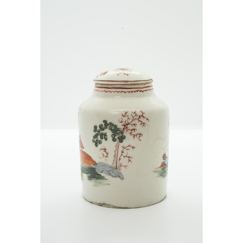 1004 - AN 18TH CENTURY TEA CADDYPainted chinoiserie landscapes, probably Worcester, 11cms high