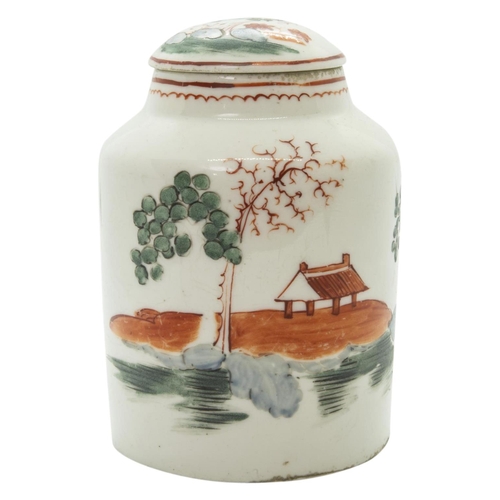 1004 - AN 18TH CENTURY TEA CADDYPainted chinoiserie landscapes, probably Worcester, 11cms high