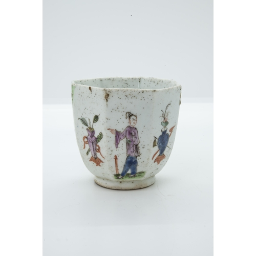 1005 - TWO WORCESTER COFFEE CANSMid 18th Century, together with a shell form butter boat, tallest is 6.5cms... 